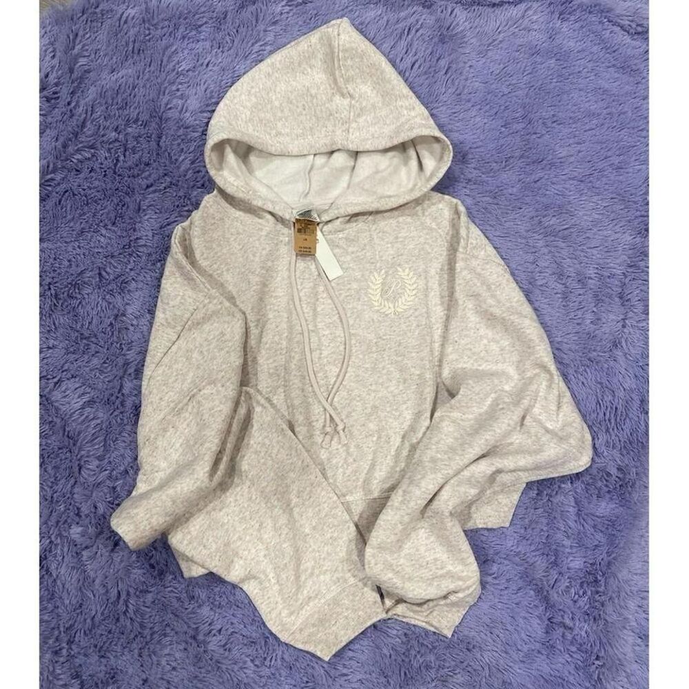 Victoria's Secret PINK Cropped‎ Hoodie Oatmeal Heather Crest Logo Pullover L